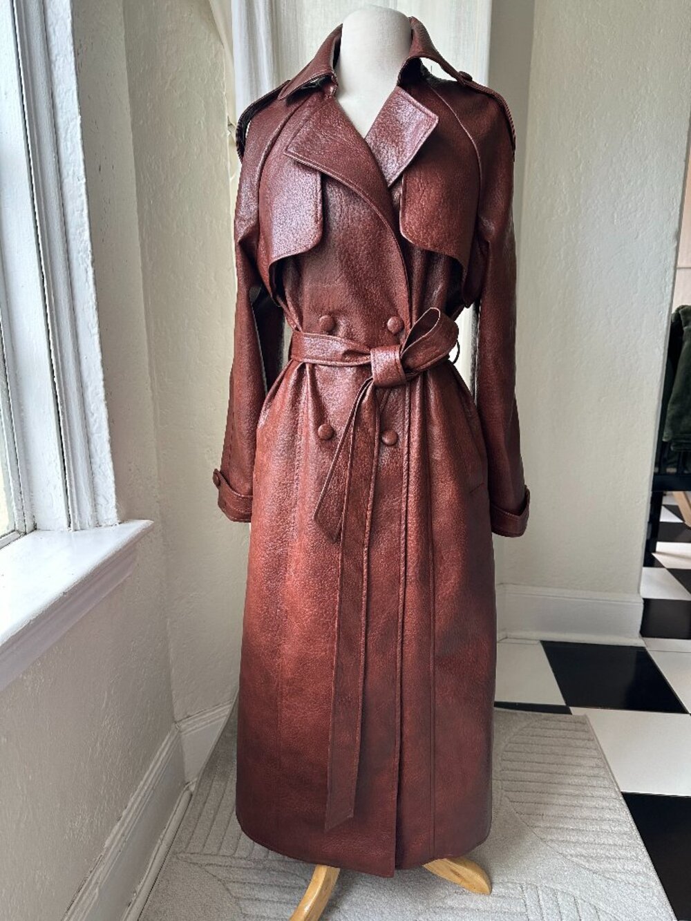 Coalition LA Women’s L Brown Vegan Leather Long Trench Coat Belted NWT